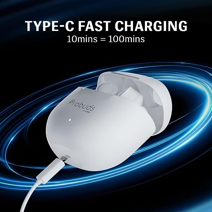 Lava Probuds 21 45 Hrs Playtime with 60Mah Bull Battery Touch Control Bluetooth Truly Wireless in Ear Earbuds with Mic Type-C Fast Charging Voice Assistant & Ipx4 (White) Lava Probuds 21 45 Hrs Playtime with 60Mah Bull Battery Touch Control Bluetooth Truly Wireless in Ear Earbuds with Mic Type-C Fast Charging Voice Assistant & Ipx4 (White)
